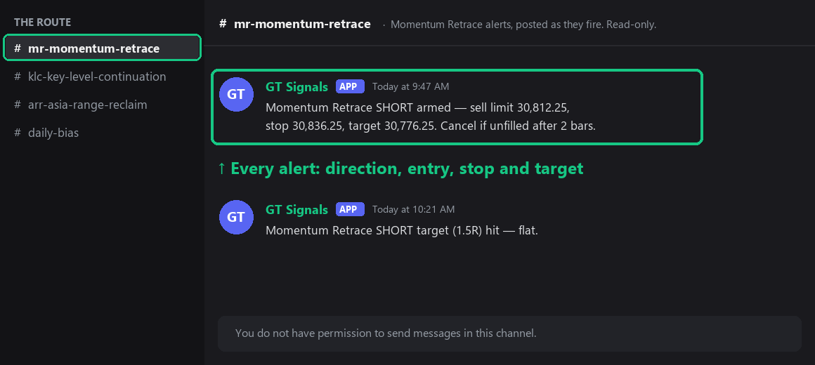 Example Momentum Retrace alert in the Discord signal feed